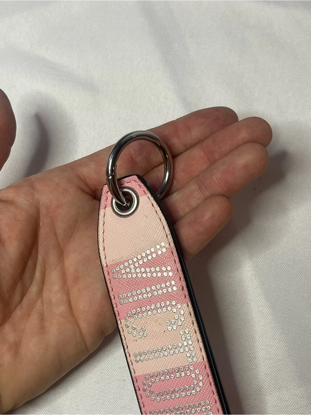 Victoria's Secret Pink Striped Leather Key Strap with Rhinestone Logo